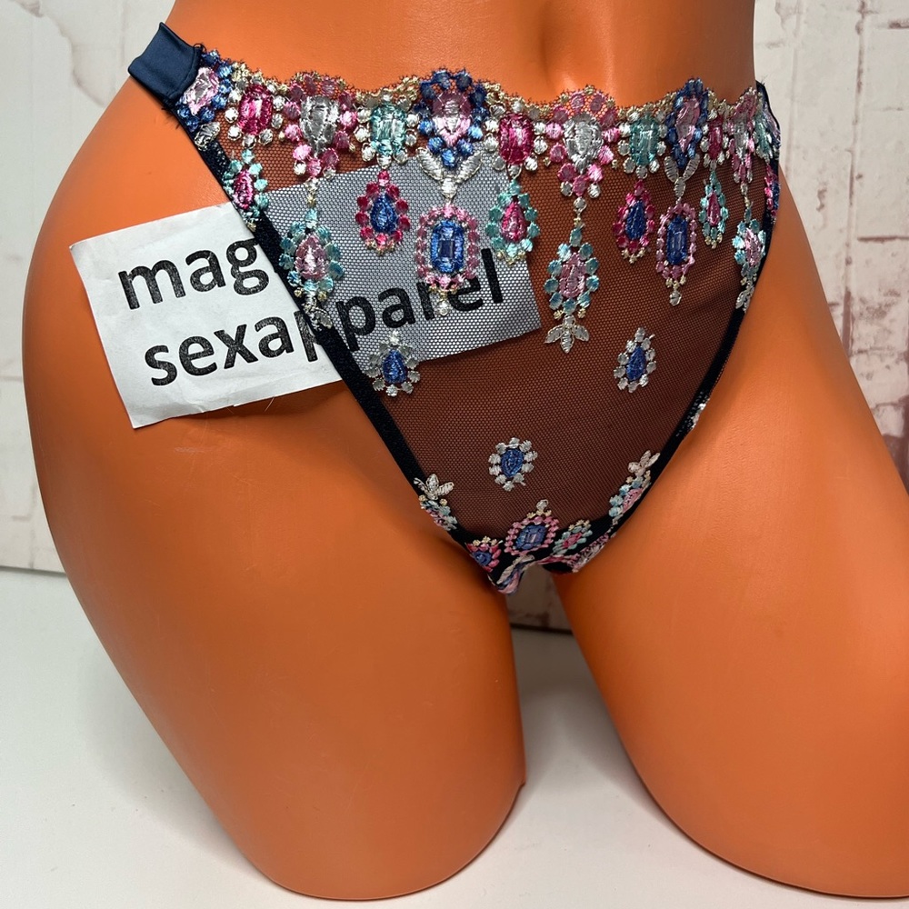 VS LUXE M L XL EMBROIDERY BEJEWELED THONG PANTY SATIN STRAP MESH